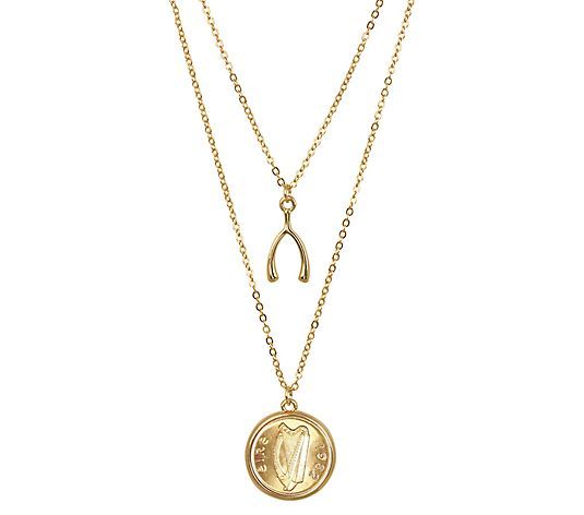 Irish Half Penn y Harp Wishbone Double Chain N ecklace - QVC.com The Harp, Double Chain Necklace, American Coins, Penny Coin, Double Strand Necklace, Double Chain, White Gift Boxes, Coin Necklace, Coin Pendant