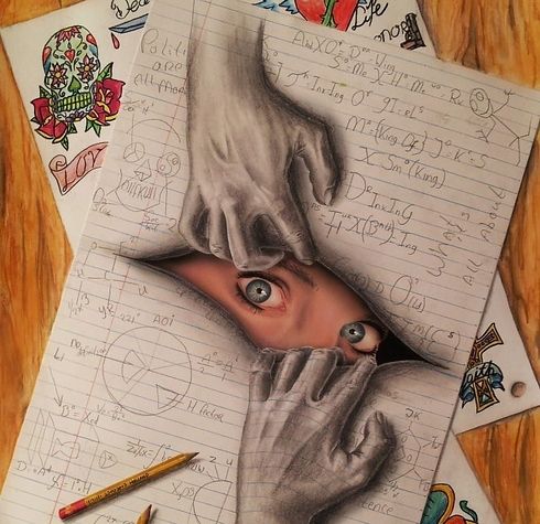 a drawing of someone's hand holding their face in the middle of two sheets of paper