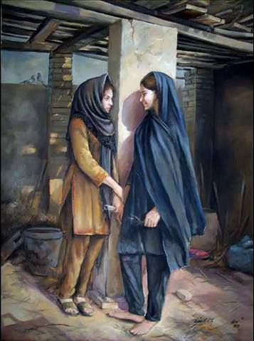 a painting of two people standing next to each other