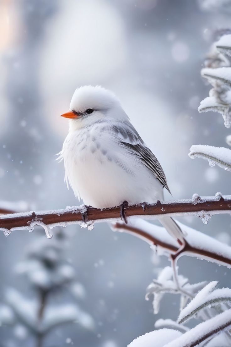 a small white bird sitting on top of a tree branch covered in ice and snow