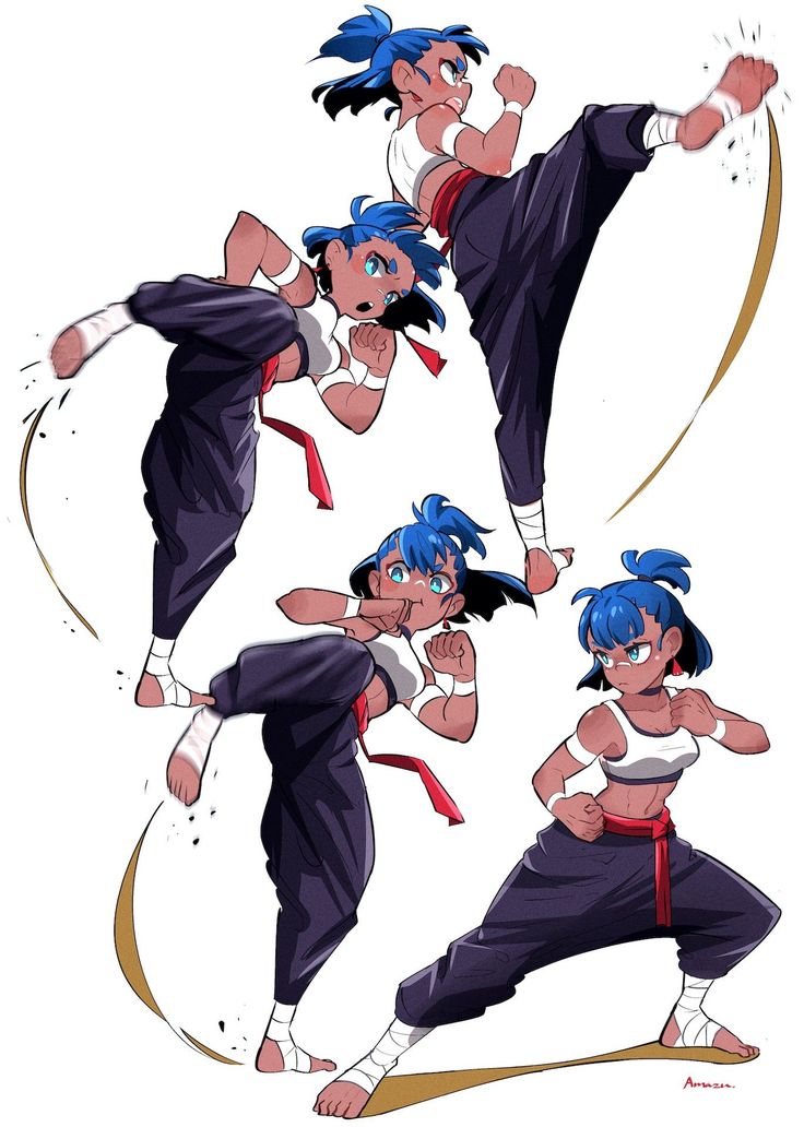 various poses of an anime character with blue hair