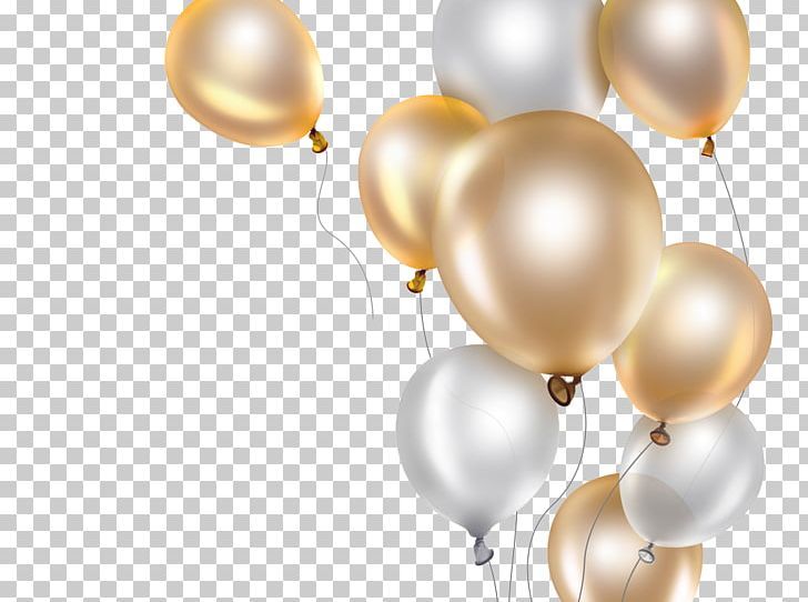 gold and white balloons floating in the air on a transparent background png clipart