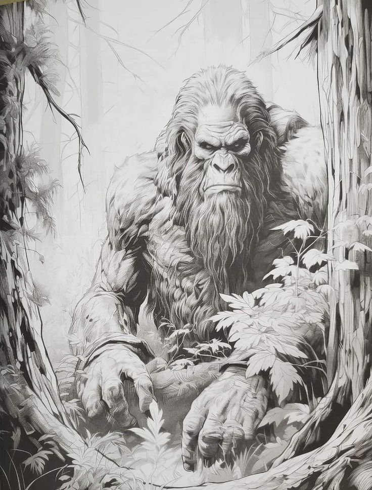 a black and white drawing of a bigfoot sitting in the middle of a forest