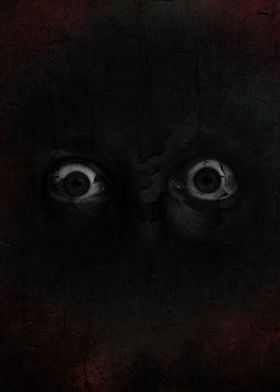 an evil looking face with two large eyes in the middle of dark grungy background