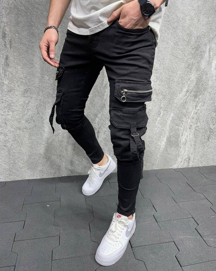 Vans Converse, Streetwear Jeans, Biker Jeans, Black Ripped Jeans, Jeans Cargo, Cargo Joggers, Men Street, Destroyed Jeans, Pencil Pants