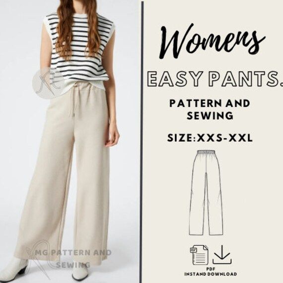 a woman wearing wide legged pants and striped shirt with the words women easy pants sewing pattern