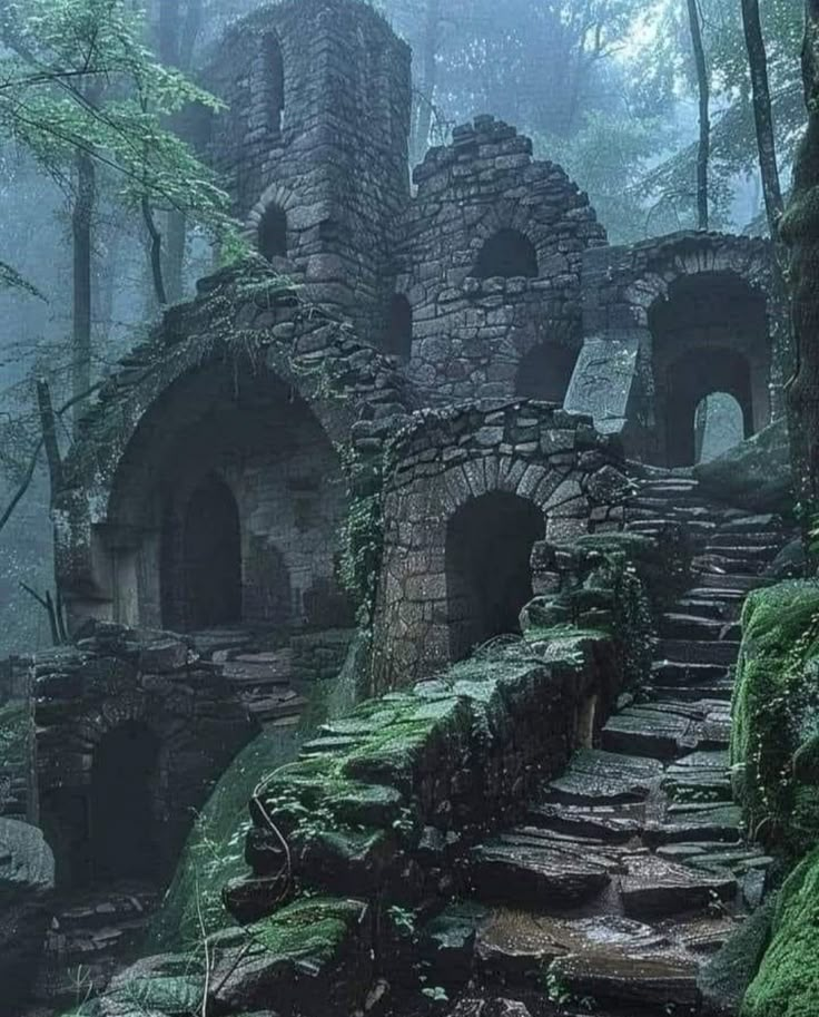 an old stone building in the woods with moss growing on it's walls and steps