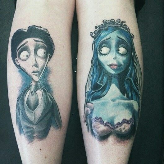 two people with tattoos on their legs that look like they're from the corpse