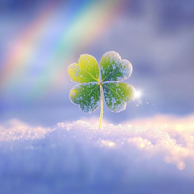 a four leaf clover sits in the snow under a rainbow - colored sky and clouds