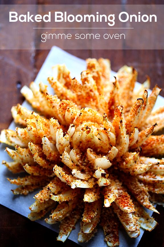 baked blooming onion sticks on a plate with text overlay reading baked blooming onion fries gimme some oven