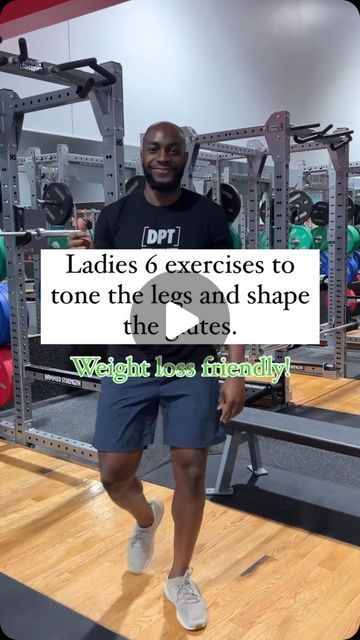 a man standing in front of a gym machine holding a sign that says ladies 6 exercises to tone the legs and shape the gates