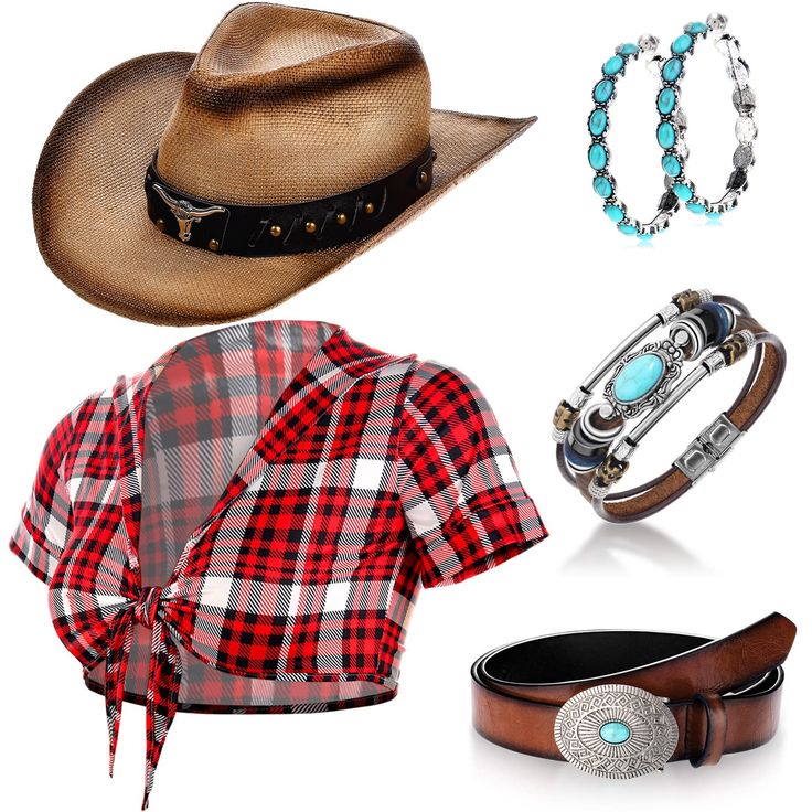 PRICES MAY VARY. Cowgirl Set of 5: the package contains a cowgirl costume set, including a plaid cowgirl costume T shirt, a cowboy hat, a buckle belt, a synthetic turquoise bracelet, a pair of pendant earrings, easy to match Comfy to Wear: our cowgirl outfits consist of accessories mainly made of alloy, woven straw hats and cotton garments, and the fabric is soft to feel, stretchable and comfortable Proper Size to Wear: the women cowgirl costume can suit women of most ages, and you can check the Cowgirl Costume Women, Cowgirl Halloween Costumes, Cowgirl Outfits For Women, Cowgirl Halloween Costume, Cotton Garments, Cowgirl Halloween, Cowgirl Accessories, Cowboy Girl, Clothing Packaging