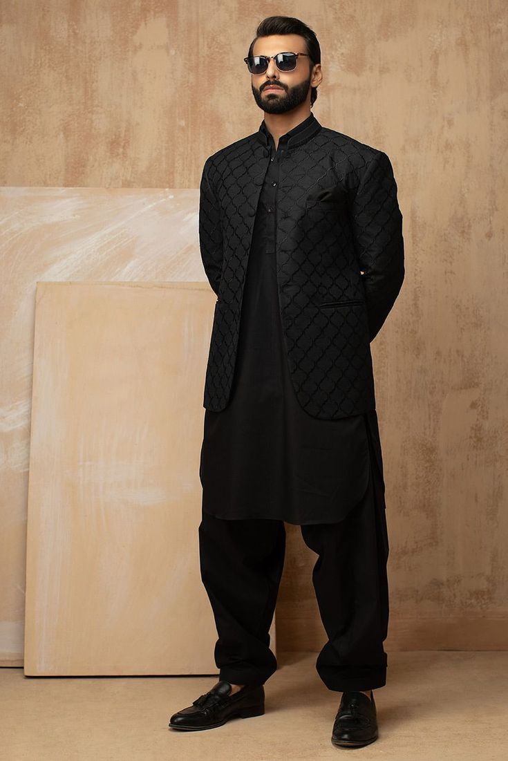 Shalwar Kameez With Coat Men, Shalwar Kameez For Wedding, Prince Coat With Shalwar Kameez, Black Prince Coat, Formal Suits For Men, Deepak Perwani, Prince Suit, Formal Suits Men, Formal Dresses For Men