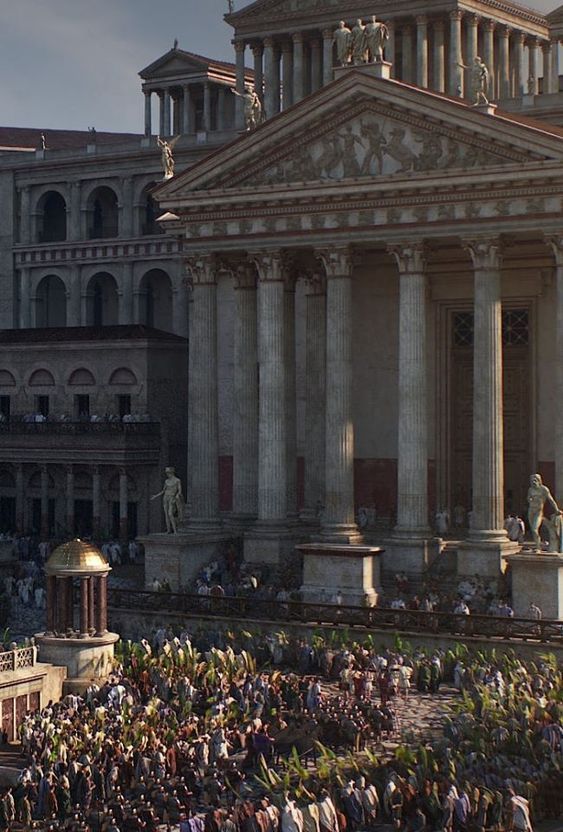 a crowd of people standing in front of a large building with columns and arches on it