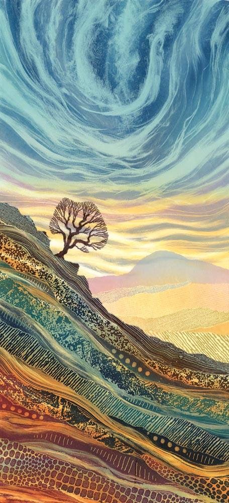 a painting of a tree on top of a hill under a blue sky with clouds