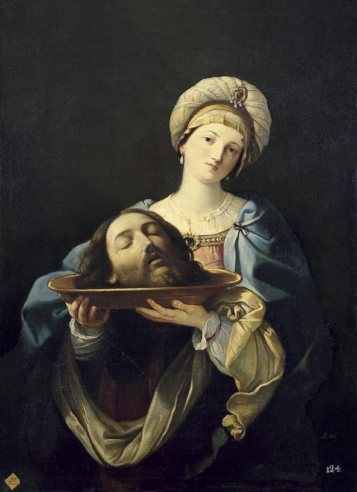 a painting of a woman holding a plate with a man's head on it