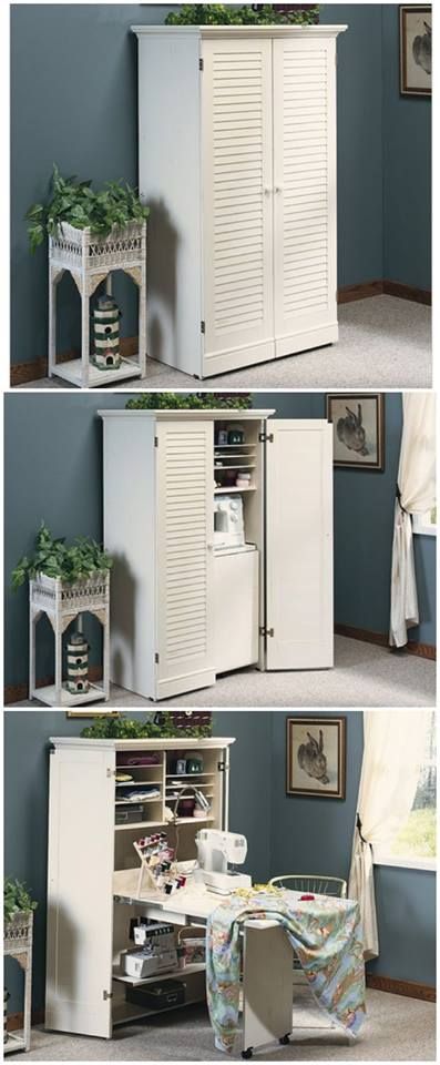 four different views of a white cabinet with shutters