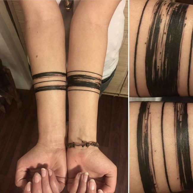 two pictures of the same person's arm with black and white stripes on them