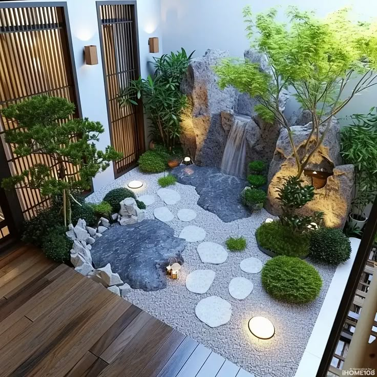 a small garden with rocks and plants in the center, lit by candles on either side