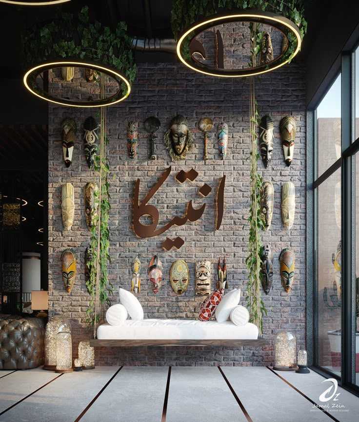 a living room filled with lots of furniture and plants hanging from the wall above it