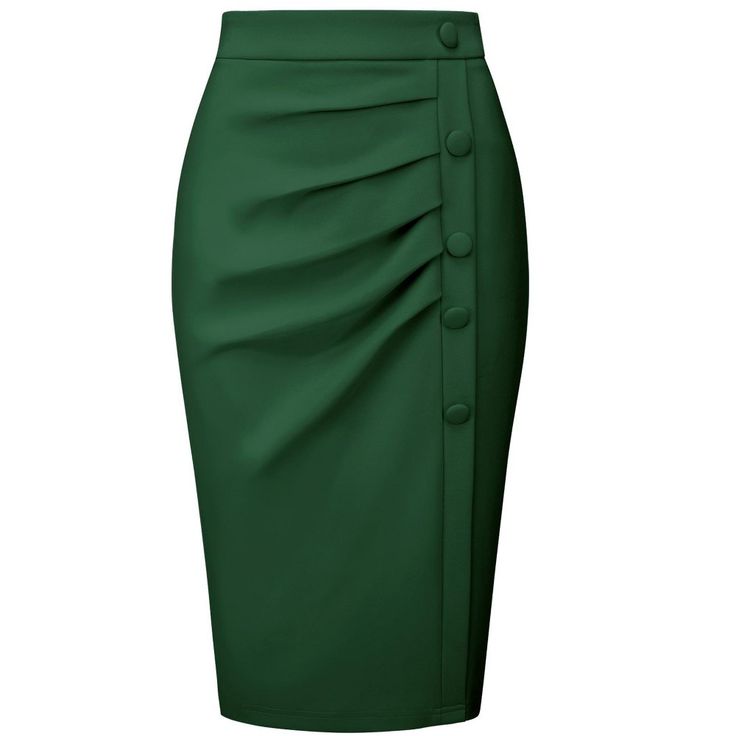 PRODUCT DETAILS: STYLE - Keep your look professional and stylish in this bodycon skirt from INSPIRE CHIC, featuring a high waist, pleated front, and button decor. OUTFIT - Pair with solid shirts and high heels for a chic office look. OCCASION - Focused on Ladies' Semi-Formal Wear - This skirt can be a perfect addition to almost any outfit from formal to daily wear, great for work, meetings, office, businesses, work, parties, cocktails, weddings, casual, daily dressing, etc. Working Skirts Styles, Cheap Stretch Skirt For Office, Cheap Pencil Skirt For Office Wear, Formal Skirts Outfit, Work Outfits Women Office Skirt, Fitted Green Skirt Solid Color, Fitted Solid Color Bottoms For Office, Fitted Knee-length Solid Color Mini Skirt, Green Mini Skirt For Office