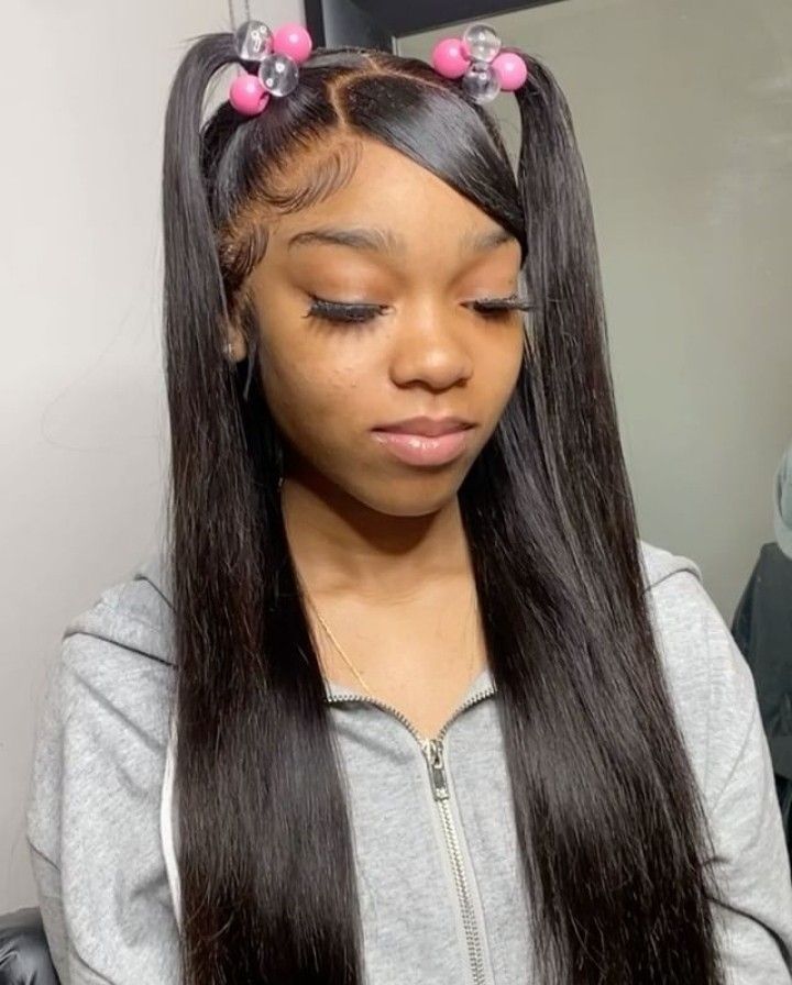 Lace Front Pigtails, Frontal Pigtail Hairstyles, Two Pigtails Half Up Half Down Swoop, Bratz Ponytail, Pigtales Hairstyles, Cute Barbie Hairstyles, Barbie Hairstyles, Wig Installs, Front Lace Wigs