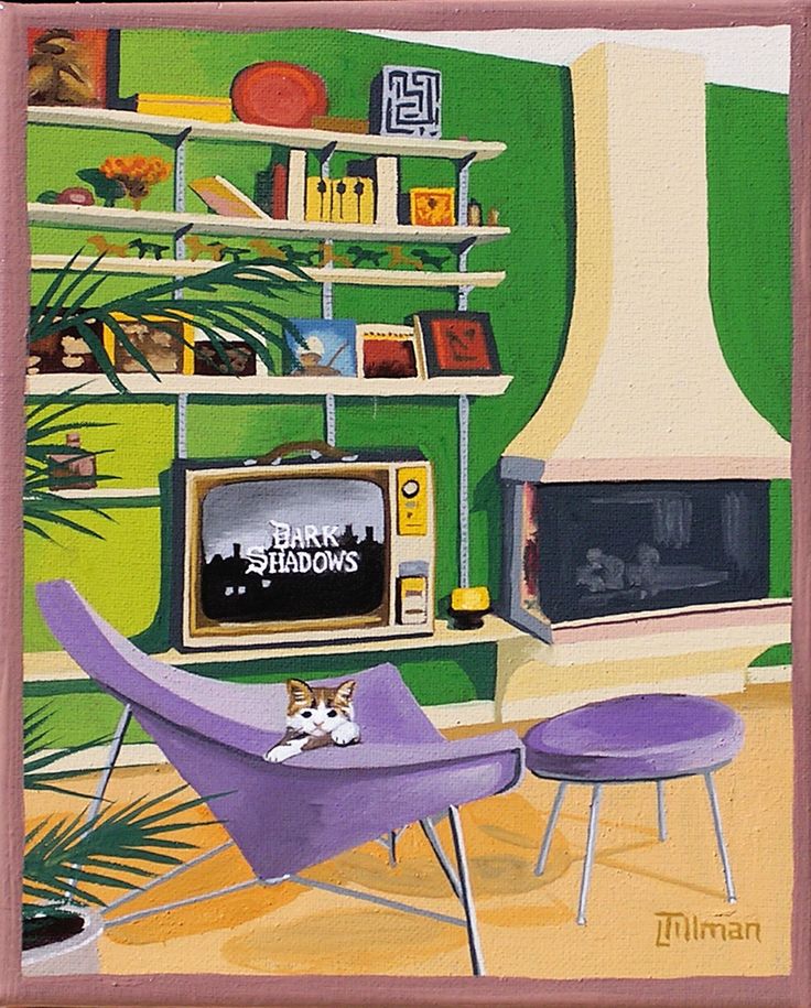 a painting of a living room with purple chairs and a cat sitting in the chair