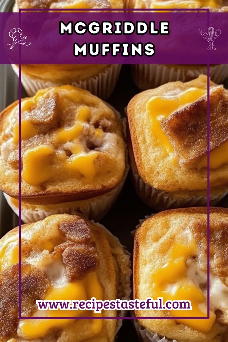 some muffins with cheese on top and the words mcgridle muffins above them