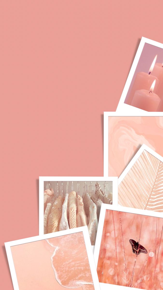 several pictures of candles and seashells on a pink background