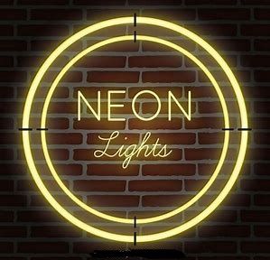 neon lights on a brick wall with the words neon lights written in gold and black