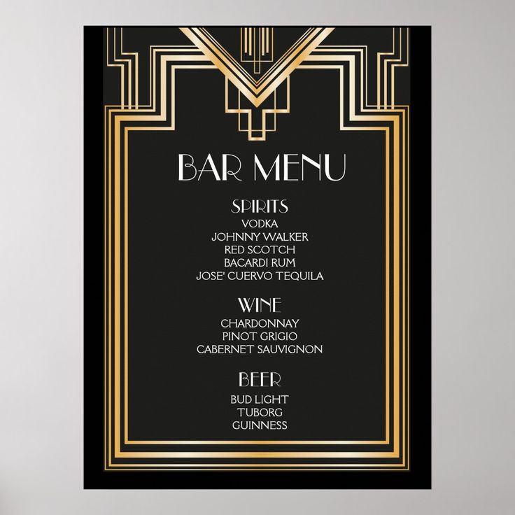 a black and gold art deco bar menu