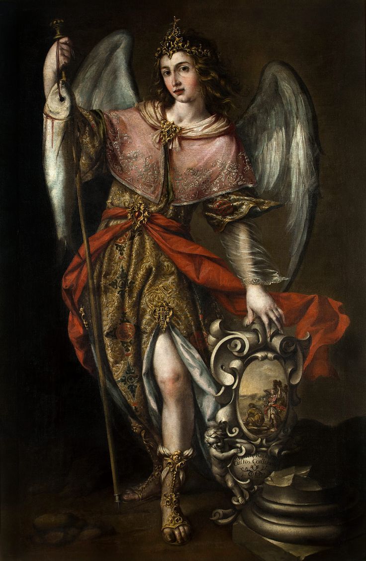 an angel holding a shield and standing next to a vase