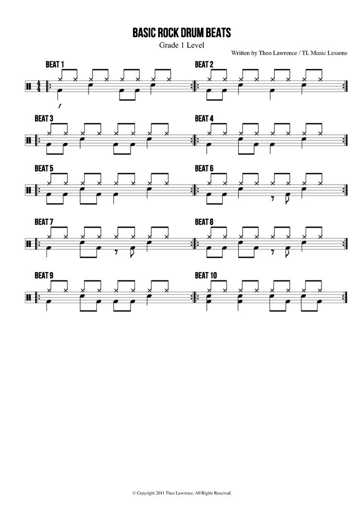 the music sheet for basic rock drum beats, with notes and tabs on it