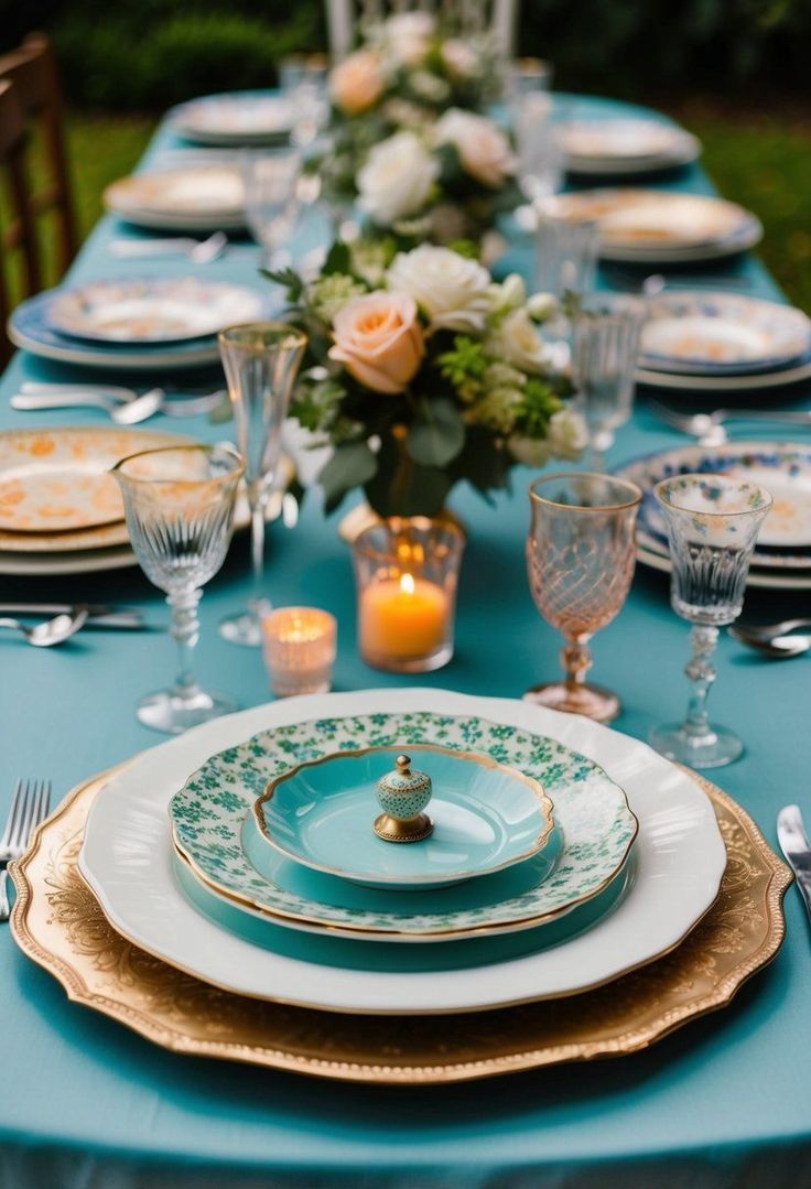 a table set with blue and gold plates, silverware, candles and white flowers