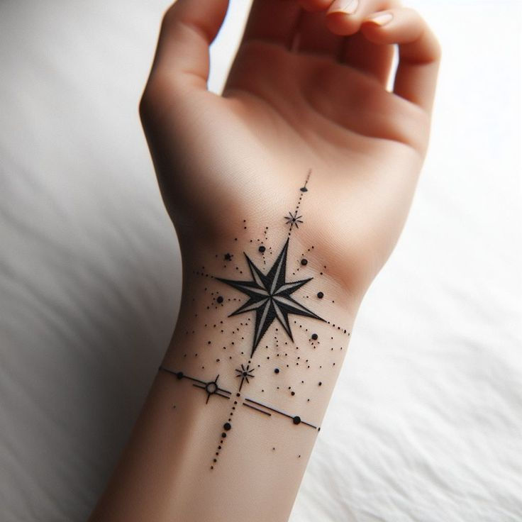 a person's arm with a tattoo on the wrist and stars in the middle