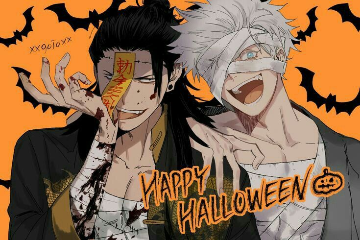 two anime characters with bats in the background and happy halloween written on their foreheads