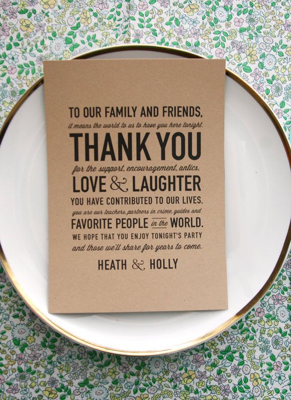 a plate with a card on it that says to our family and friends thank you love & laughter