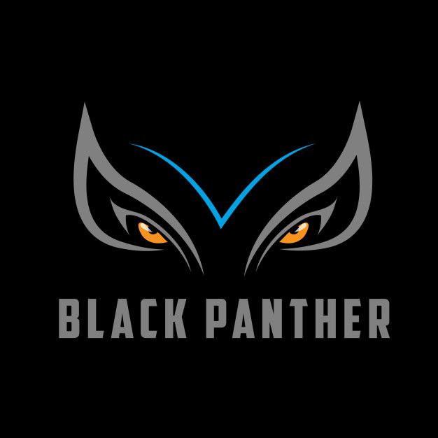 the black panther logo with orange and blue eyes on a black background, it is designed to look like an owl's head