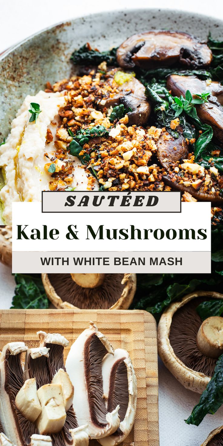 kale and mushrooms with white bean mash on a platter next to other food