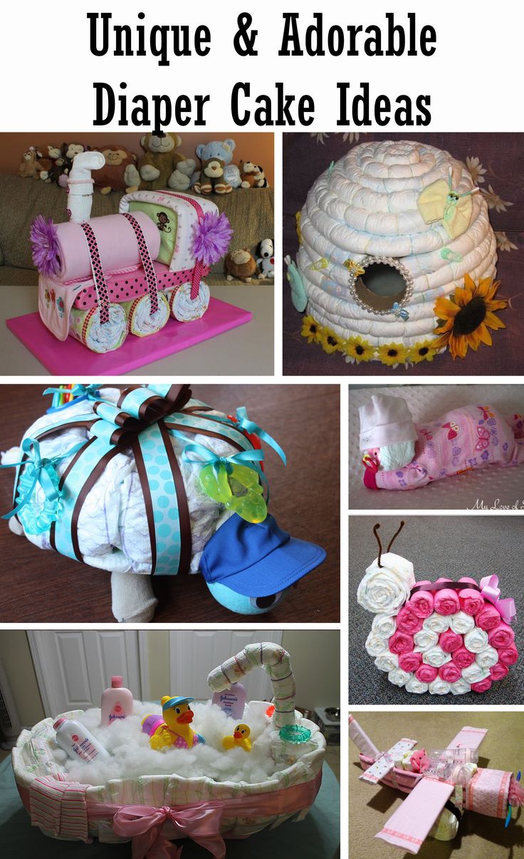 collage of unique and adorable diaper cake ideas for babies, toddlers, and adults