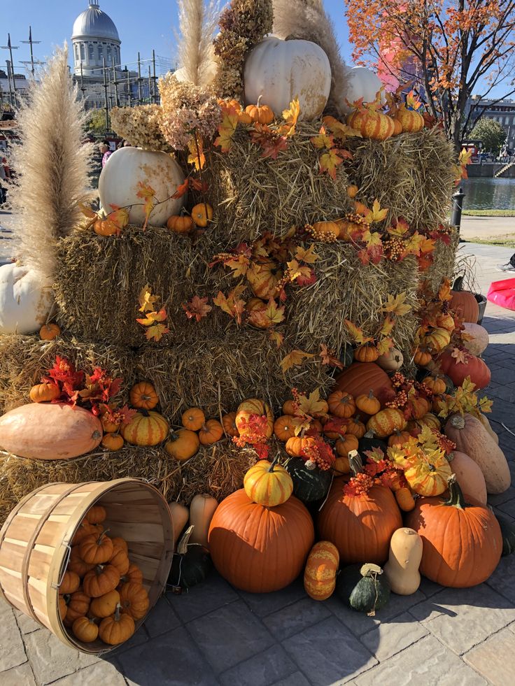 a pile of hay with pumpkins and gourds