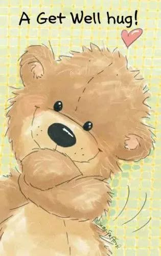 a brown teddy bear sitting on top of a green and yellow checkered background with the words, a get well hug