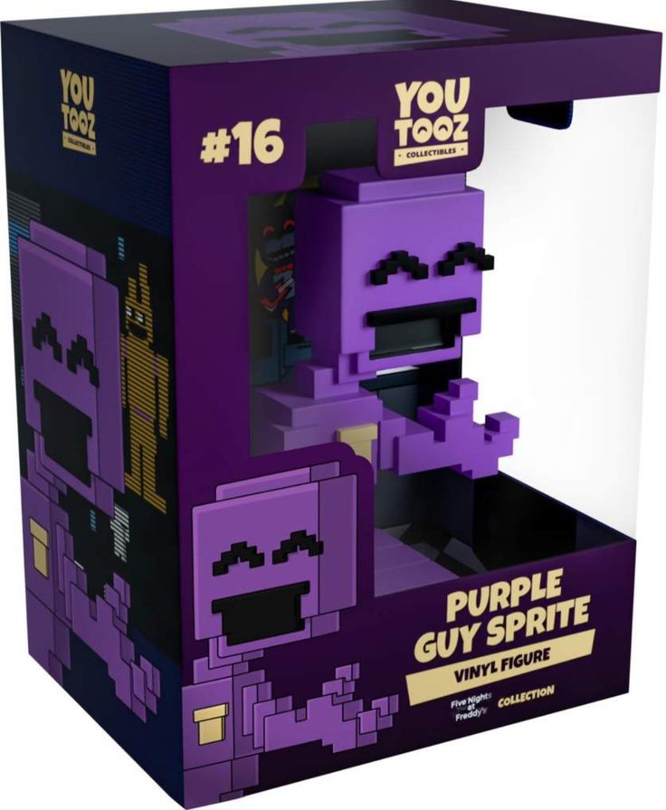 the purple guy sprite toy is in its display box, and it looks like he's from minecraft