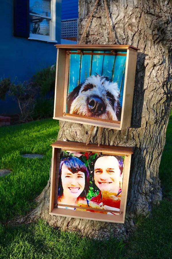 two pictures hanging on the side of a tree in front of a house with a dog