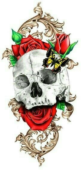 a skull with a butterfly sitting on top of it's head next to a red rose