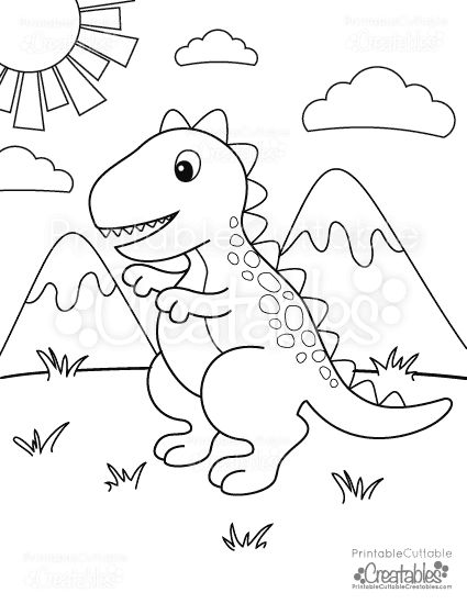 a cartoon dinosaur running in the grass with mountains and sun behind it coloring page for kids