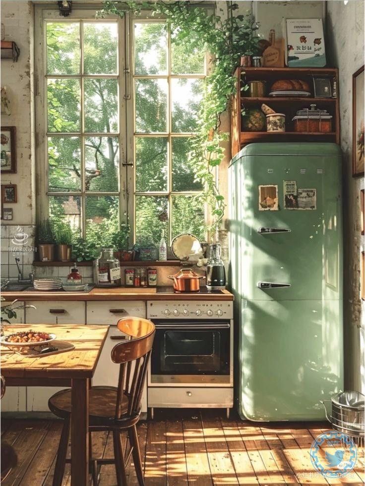 an old fashioned kitchen with green refrigerator and wooden table in front of large open window