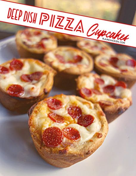 several mini pizzas on a plate with the words deep dish pizza cupcakes