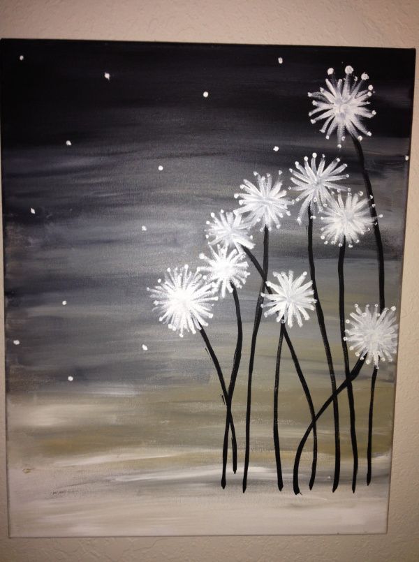 a painting of white flowers on a black and gray background with stars in the sky