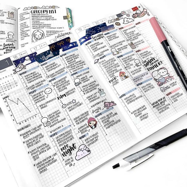 an open planner with stickers on it next to a pen and paper clipping